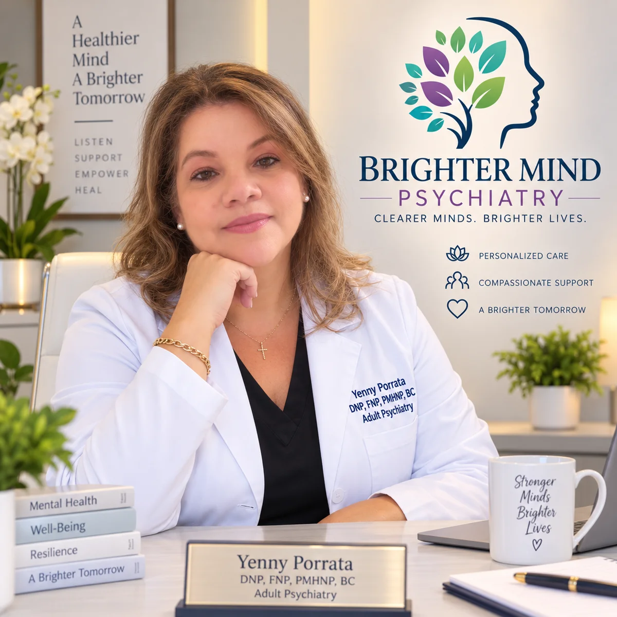 Professional portrait of Yenny Porrata in her psychiatry office